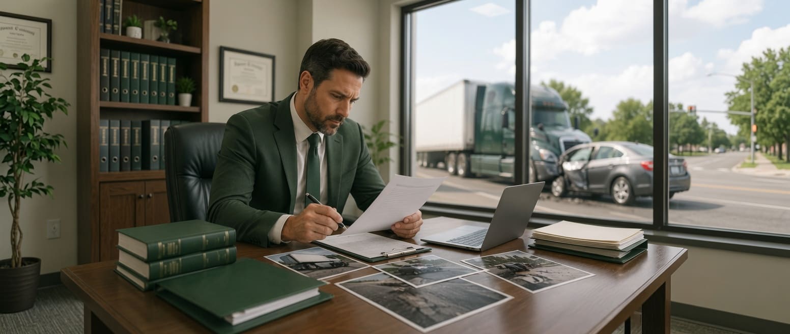 Attorney reviewing truck accident photographs and documents with a commercial truck visible outside