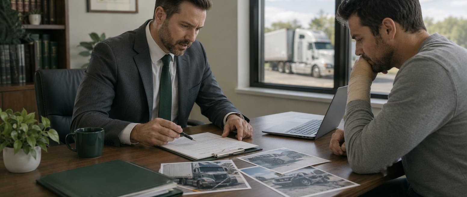 Attorney discussing truck accident evidence with an injured client while a commercial truck is visible in the background