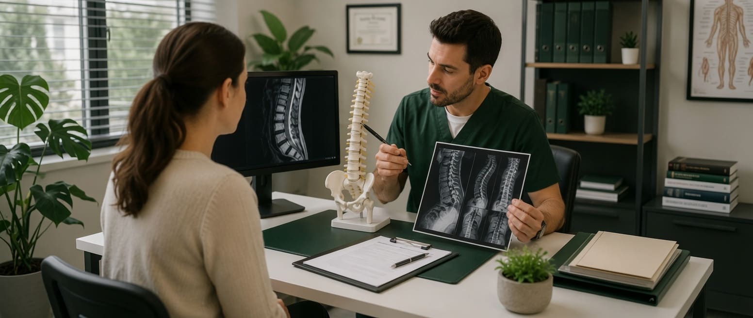 Doctor reviewing spinal images and explaining injury severity with an anatomical model