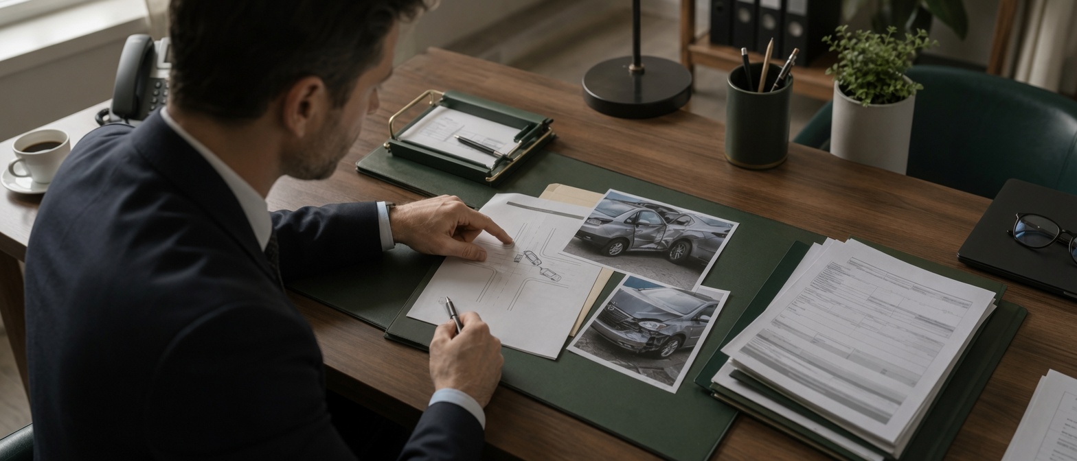 Attorney reviewing a crash diagram, vehicle damage photographs, and accident claim documents