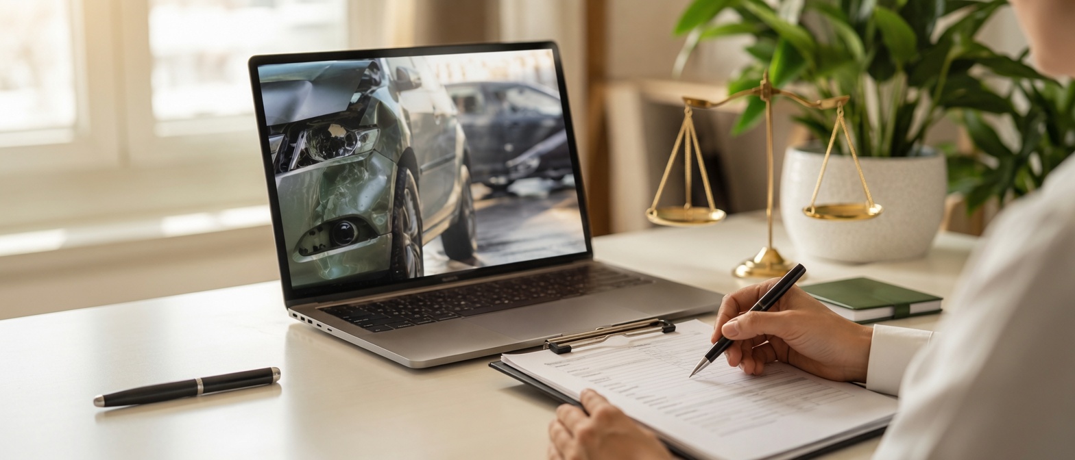 Claim review with a car accident image on a laptop and settlement documents on a desk