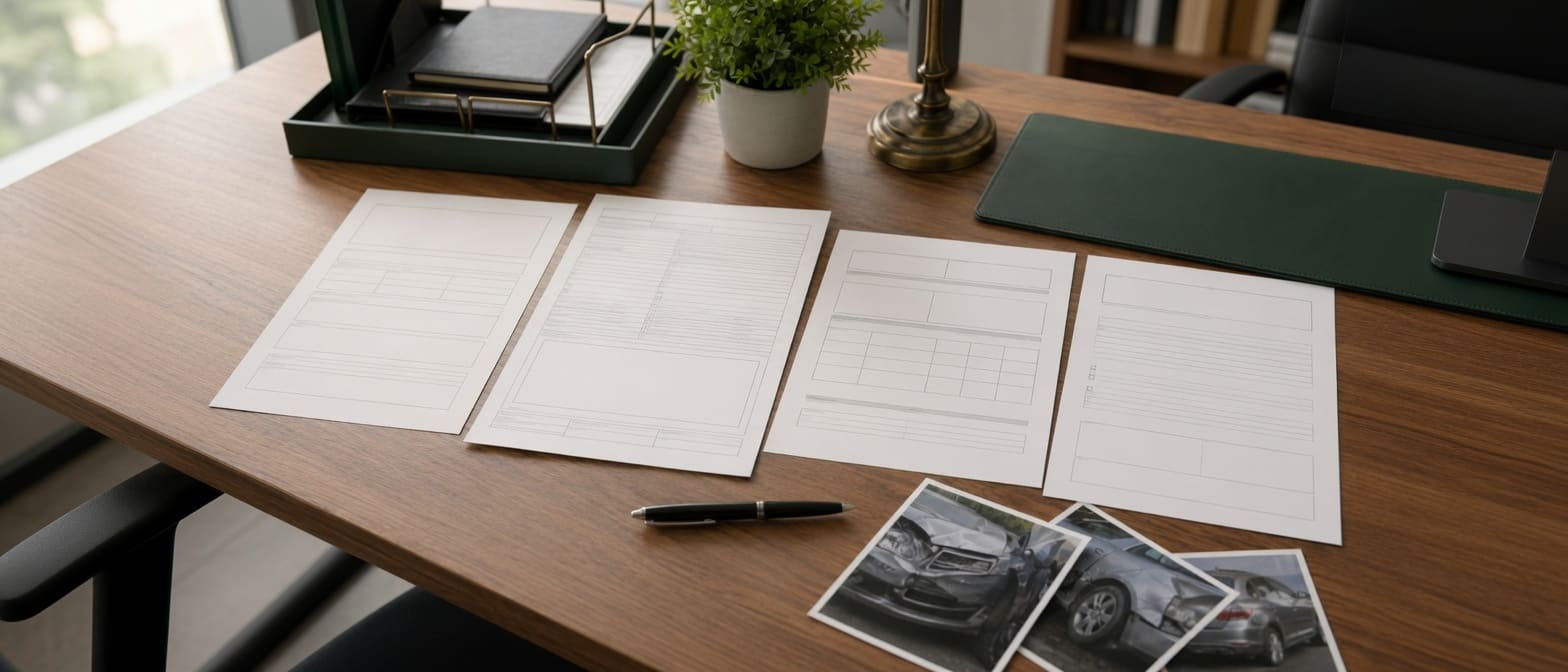 Florida crash report, accident diagram, and vehicle-damage evidence being reviewed after a collision