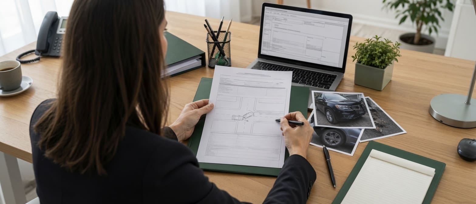 Florida car accident attorney reviewing a police report, crash photographs, and injury claim documents
