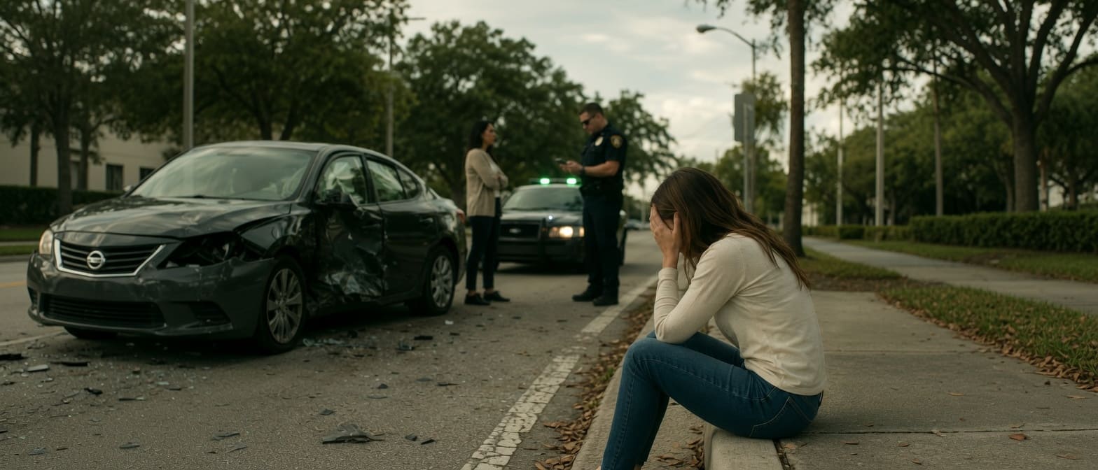 Injured driver seated near a damaged car while a police officer documents a Florida accident scene