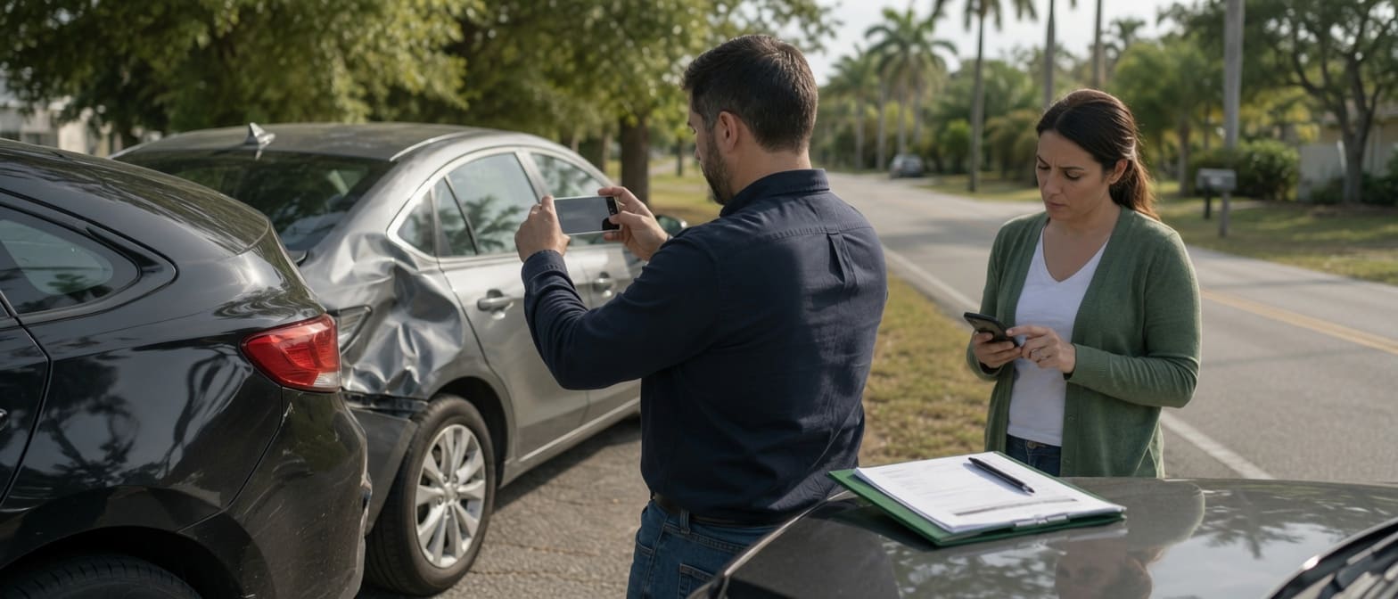 Drivers photographing vehicle damage and exchanging information after a Florida car accident
