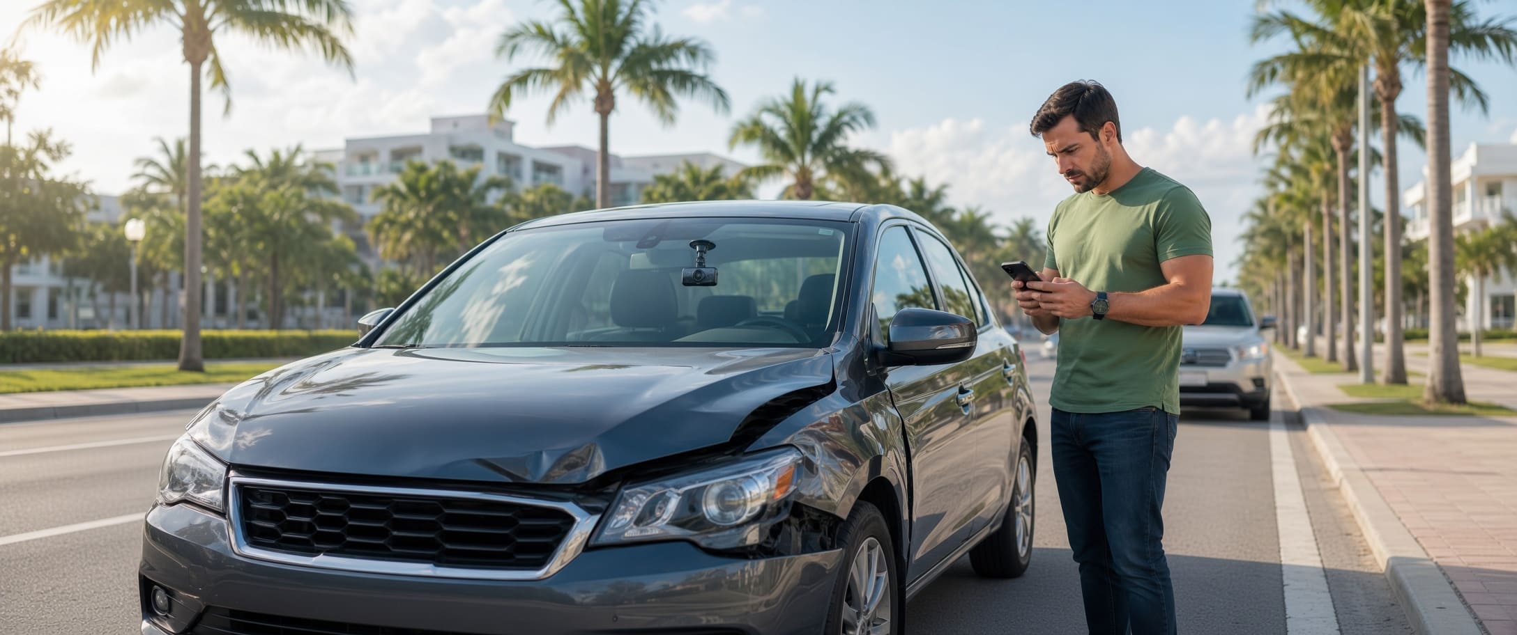 Driver beside a damaged car preserving dashcam evidence after a Florida crash