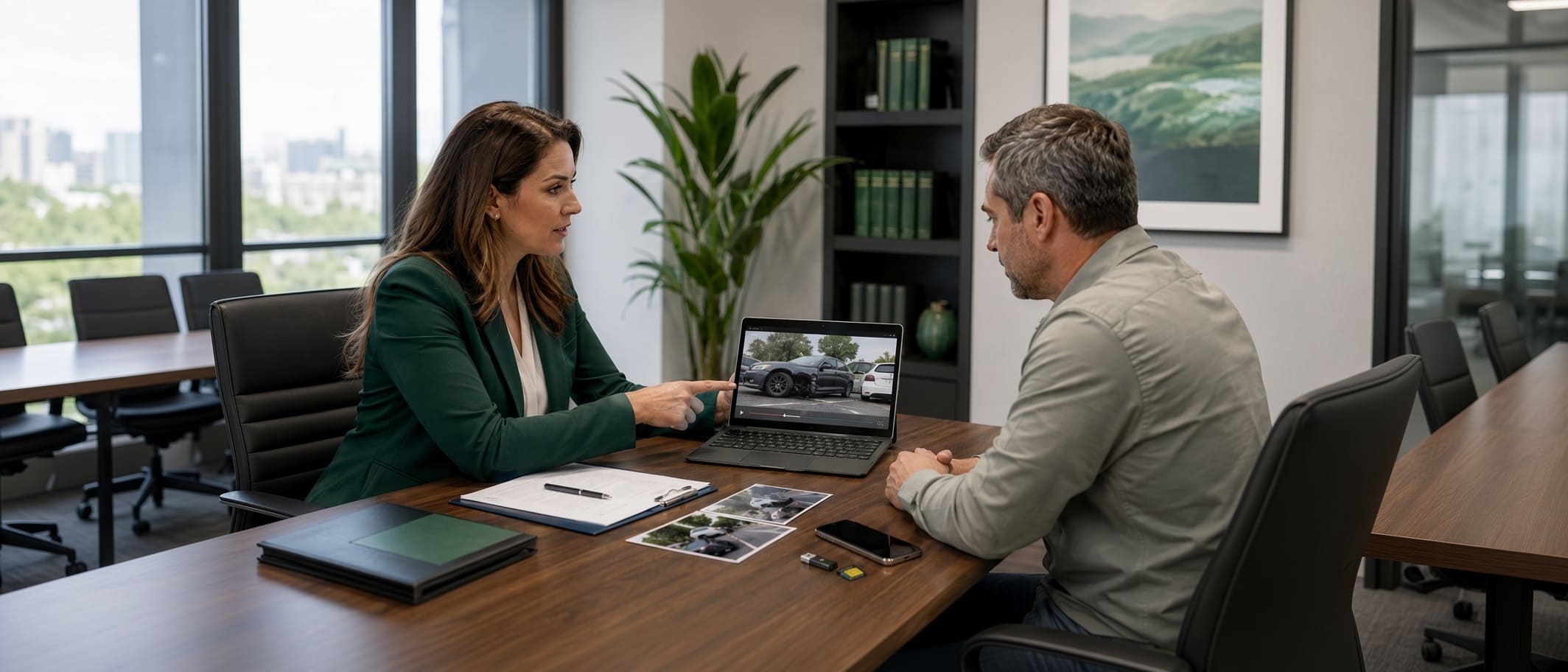 Florida car accident attorney reviewing crash video with an injured client