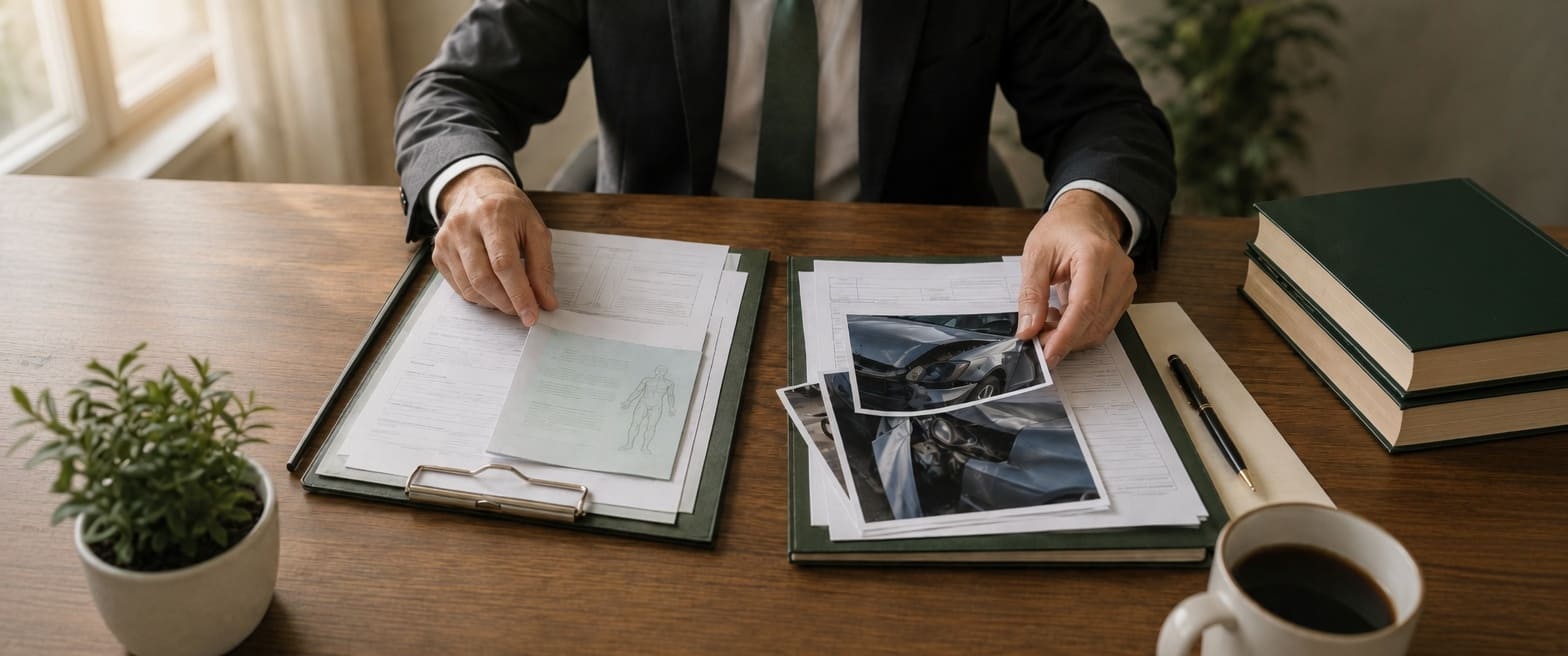 Florida car accident attorney reviewing medical records and photographs of vehicle damage