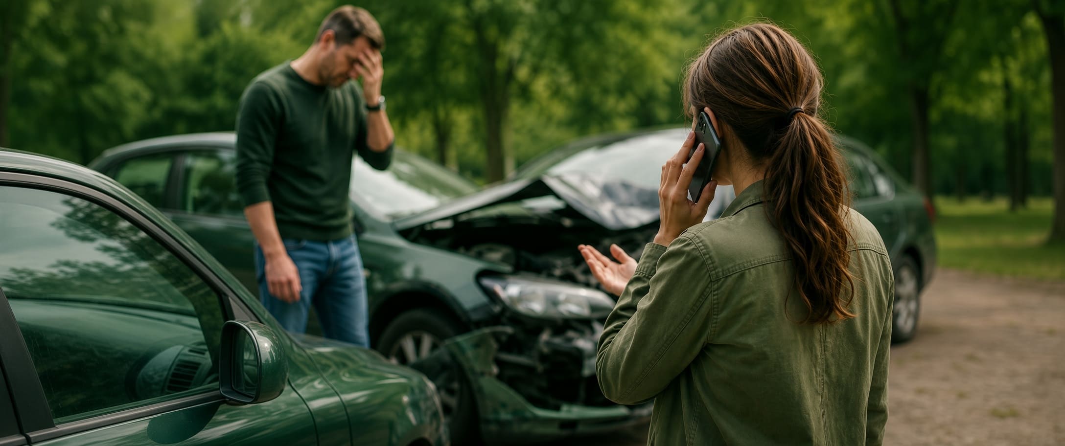 Drivers beside damaged vehicles after a Florida car accident while one driver makes a phone call