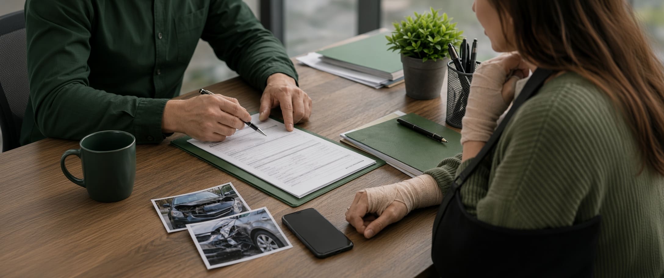 Injured woman with an arm sling reviewing accident photos and insurance paperwork after a Florida crash