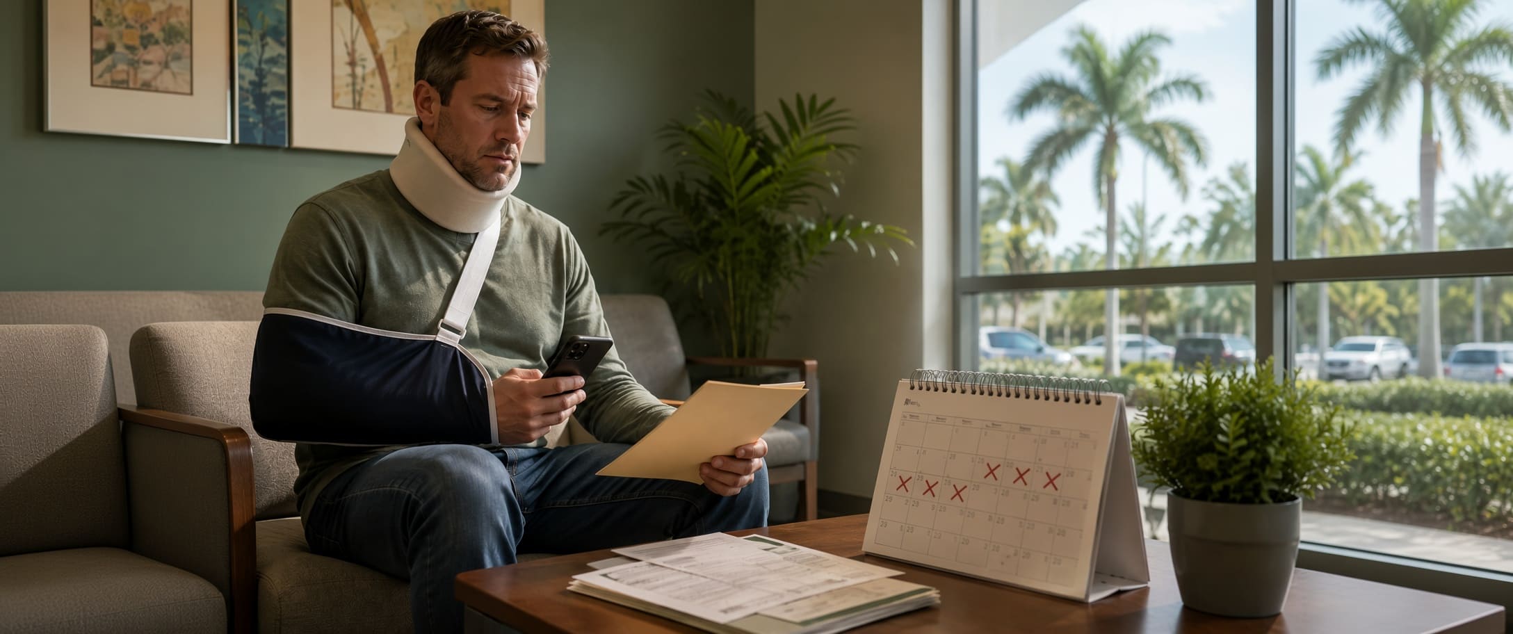 Florida car accident patient reviewing missed medical appointments while wearing a neck brace and arm sling