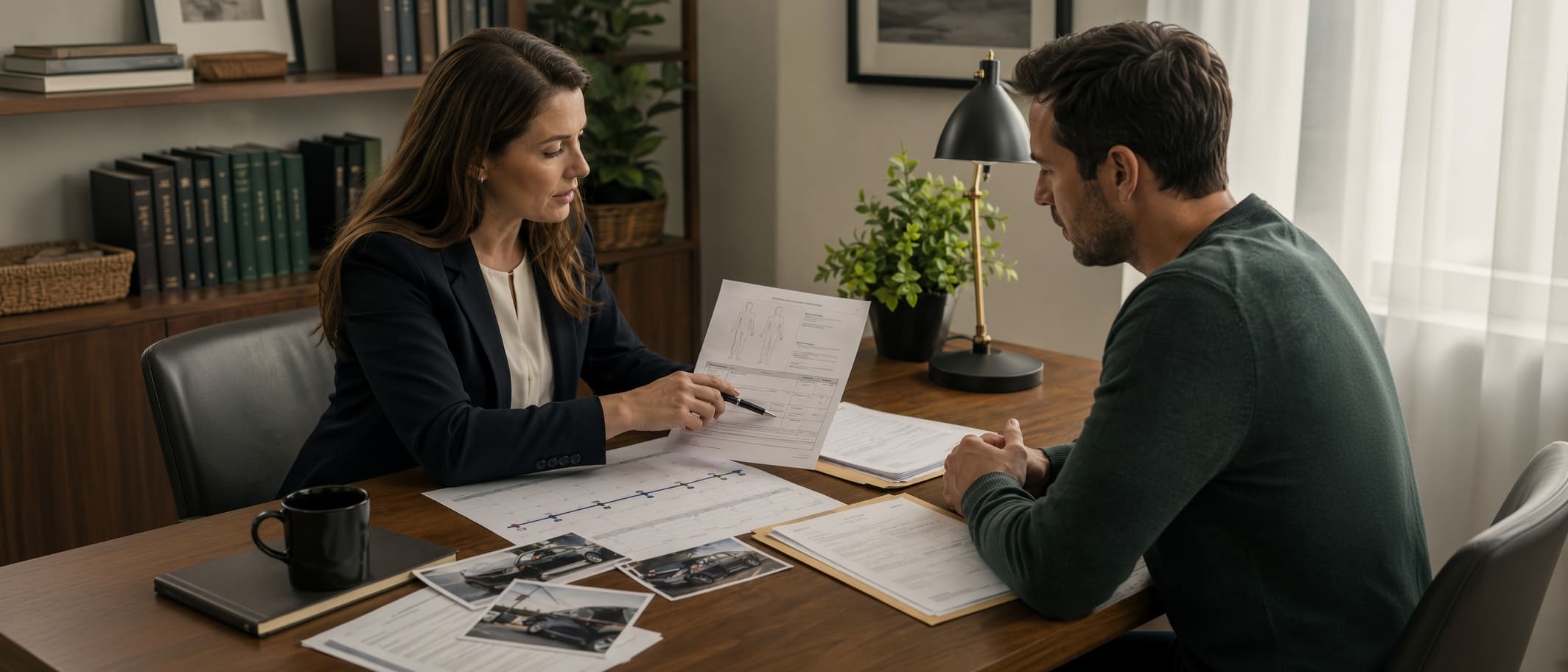 Attorney reviewing a Florida car accident patient's medical timeline, records, and crash photographs