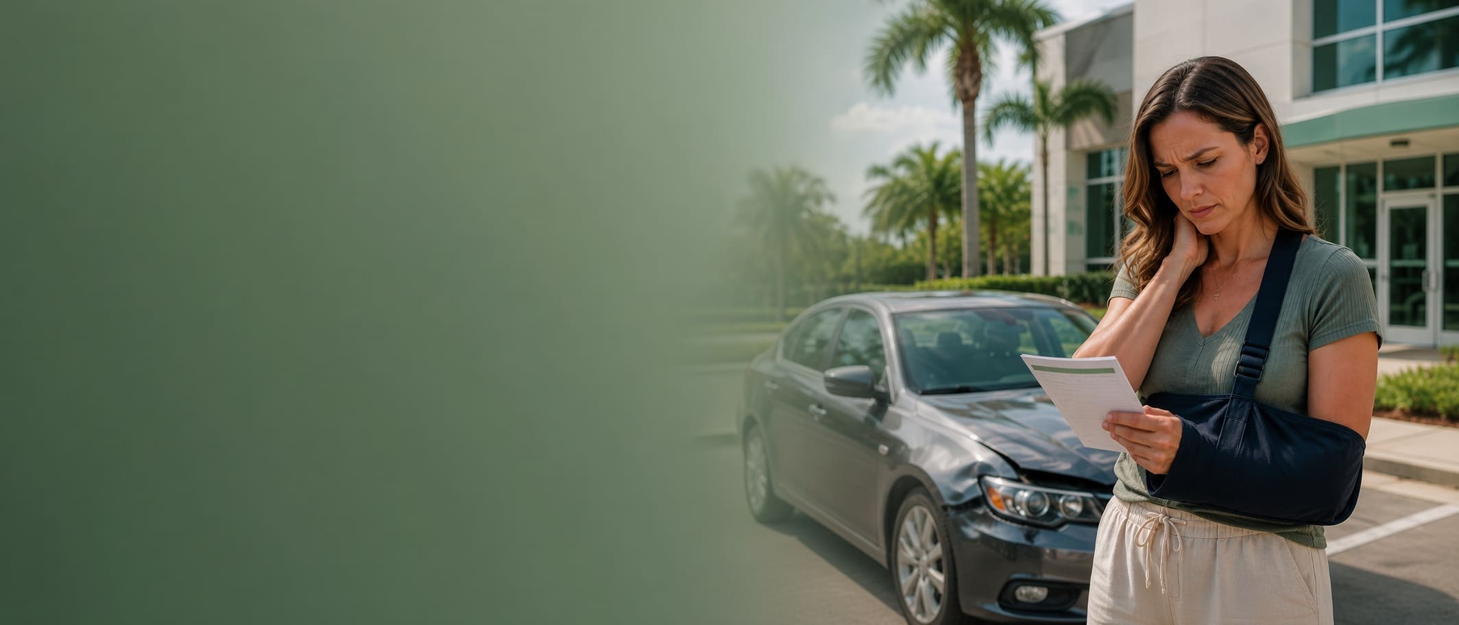 Injured Florida driver reading medical paperwork beside a damaged car after a treatment gap