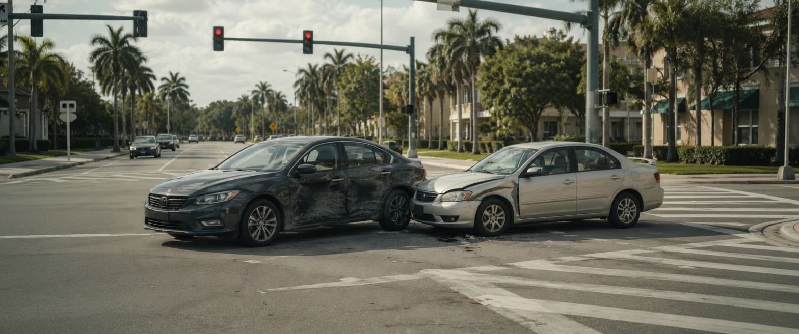 Two damaged cars stopped in a Florida intersection beneath red traffic lights