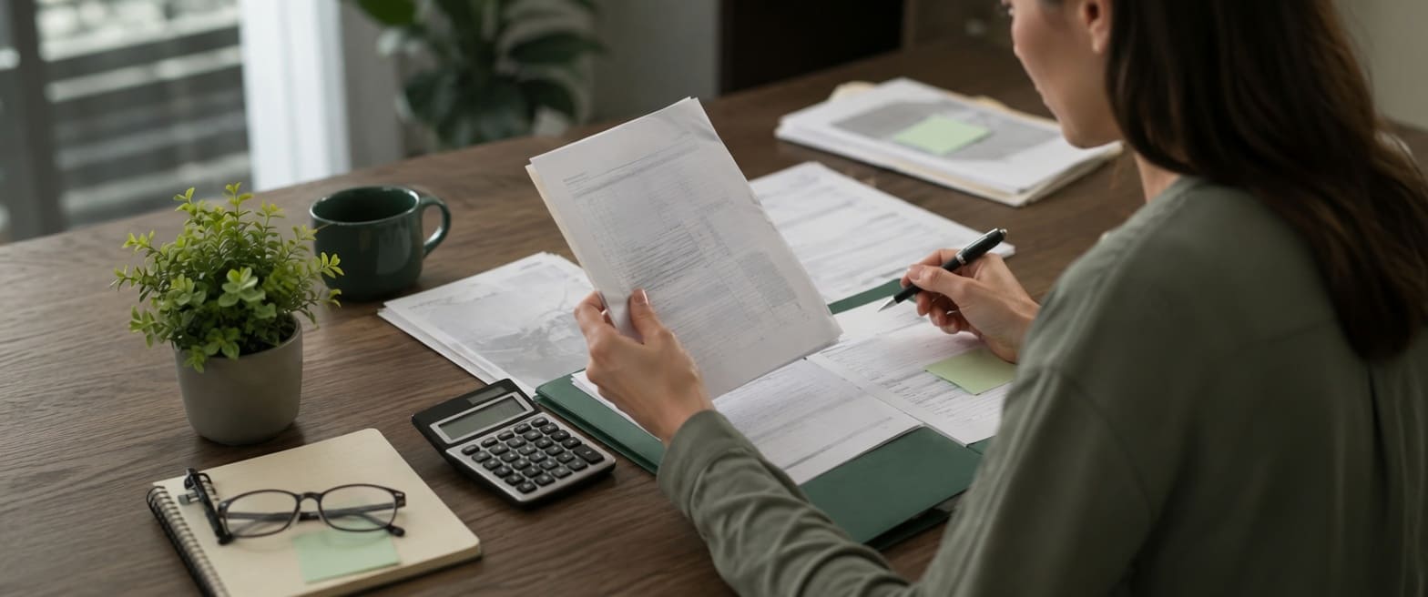 Woman reviewing insurance paperwork and settlement calculations after a Florida car accident