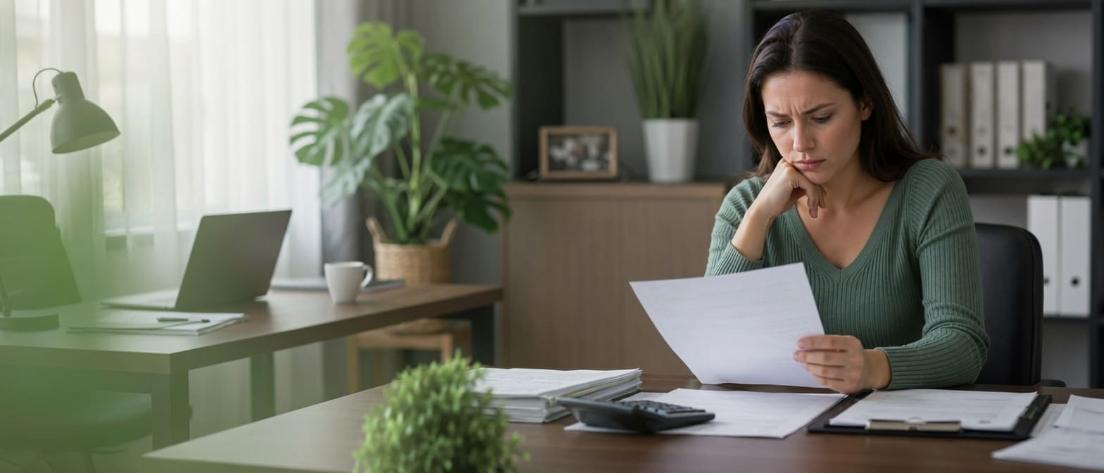 Woman reviewing a low insurance settlement offer and claim documents after a Florida car accident