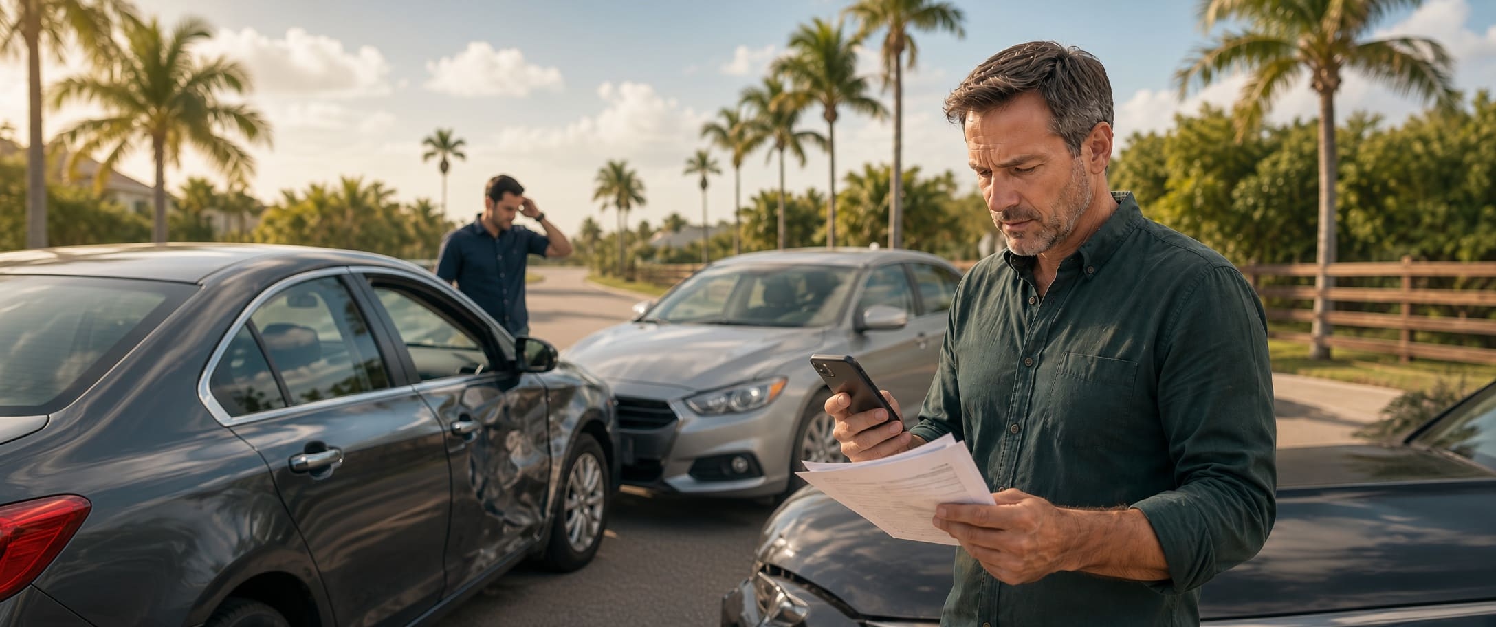 Florida driver reviewing insurance documents after a collision involving multiple vehicles