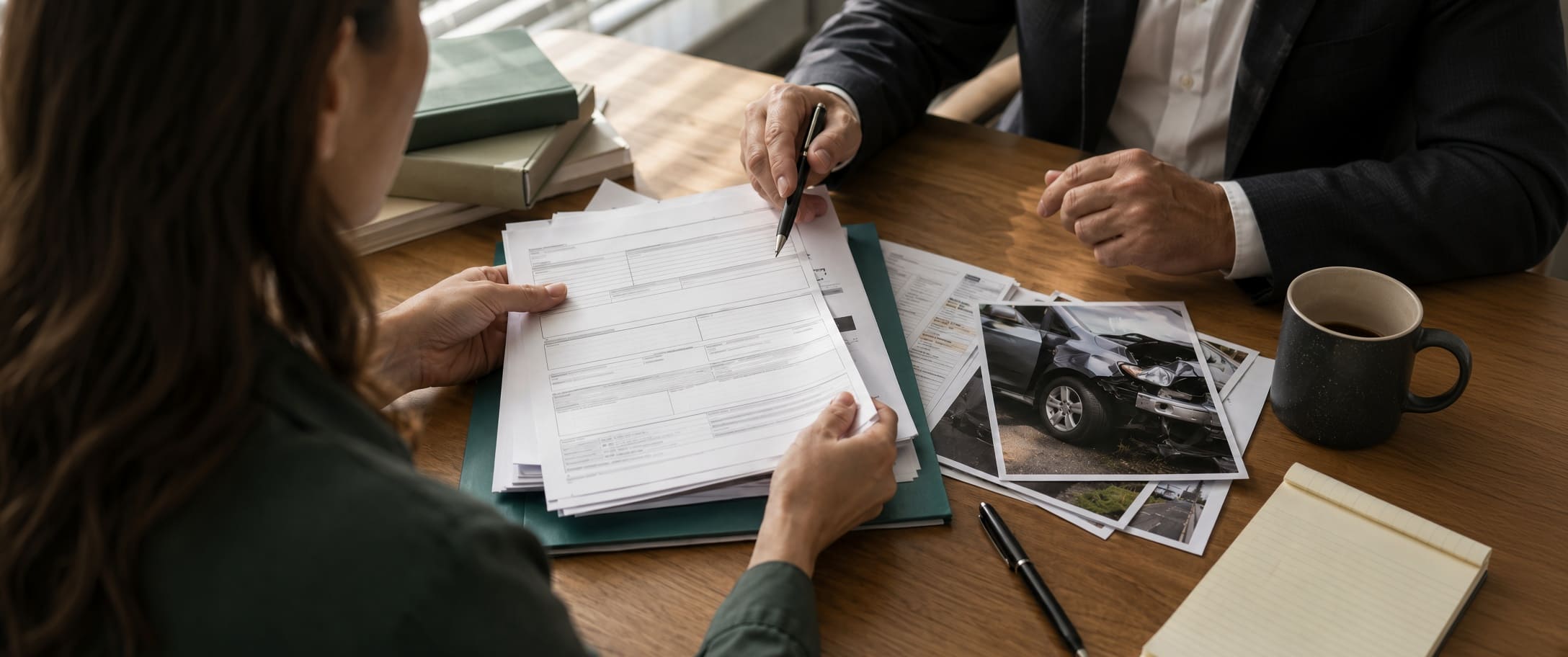 Attorney and injured client reviewing insurance forms and vehicle damage photos for a Florida UM claim