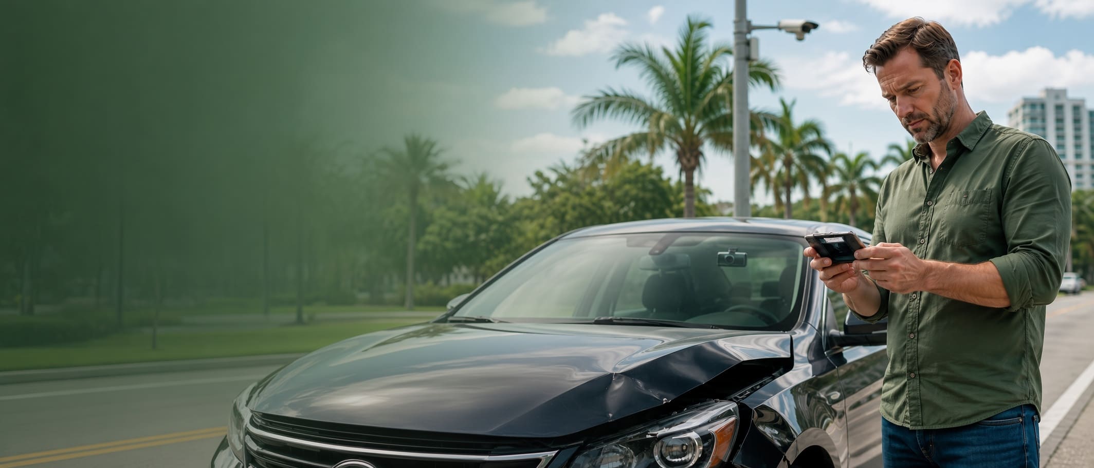 Florida driver reviewing insurance information beside a damaged car after an accident