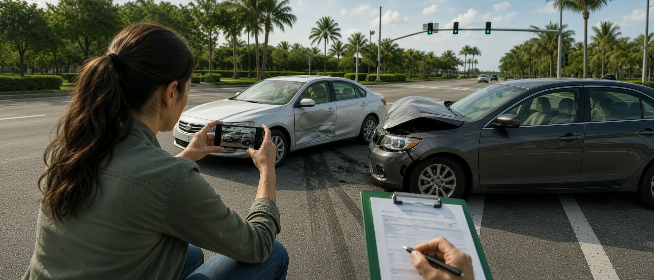 Driver documenting vehicle damage and roadway conditions after a Florida car accident