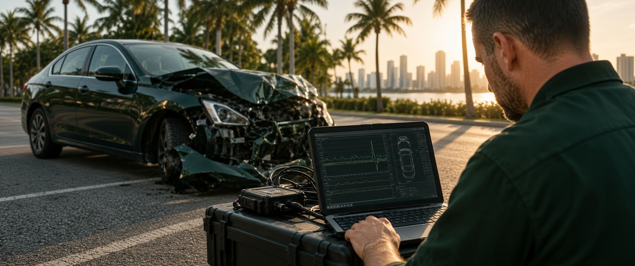 Crash reconstruction specialist reviewing vehicle event data and collision evidence after a Florida accident
