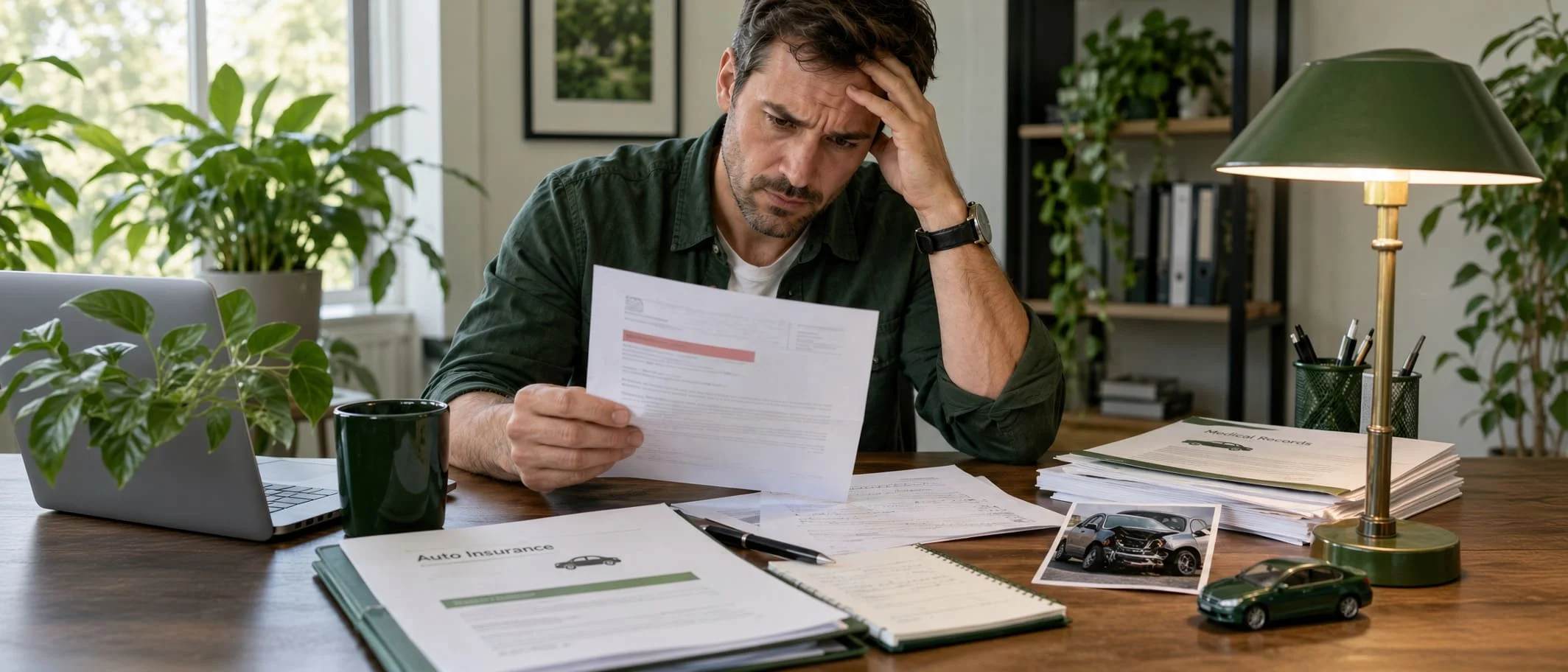 Insurance denial letter and supporting Florida car accident claim documents on a desk