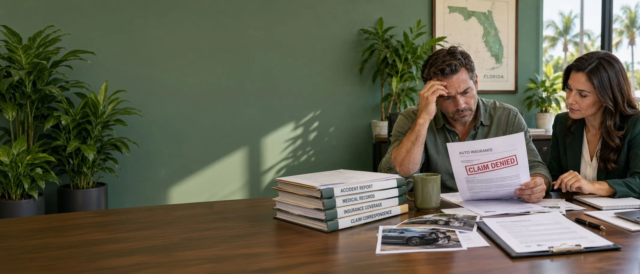 Florida driver reviewing a written car accident insurance claim denial