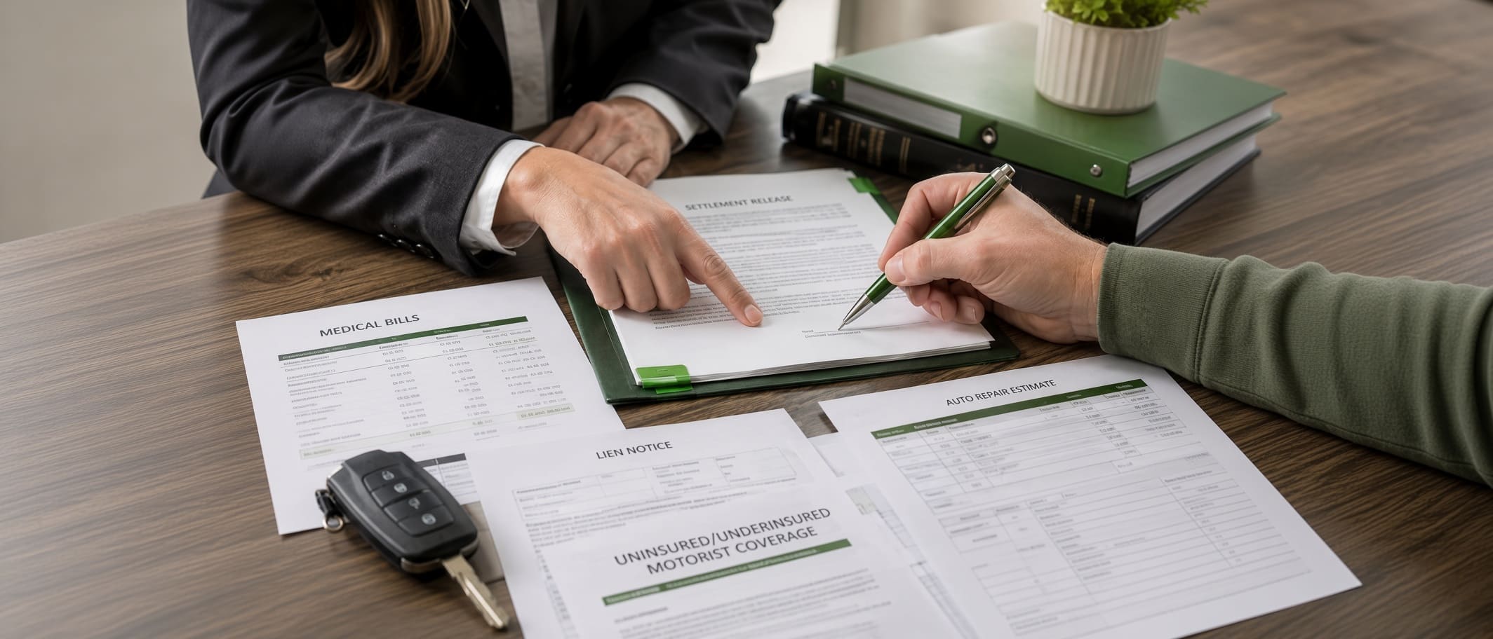 Settlement documents, medical records, and vehicle damage materials being reviewed after a Florida car accident