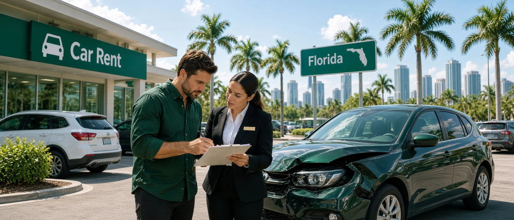 Driver reviewing rental agreement and insurance coverage after a Florida rental car accident