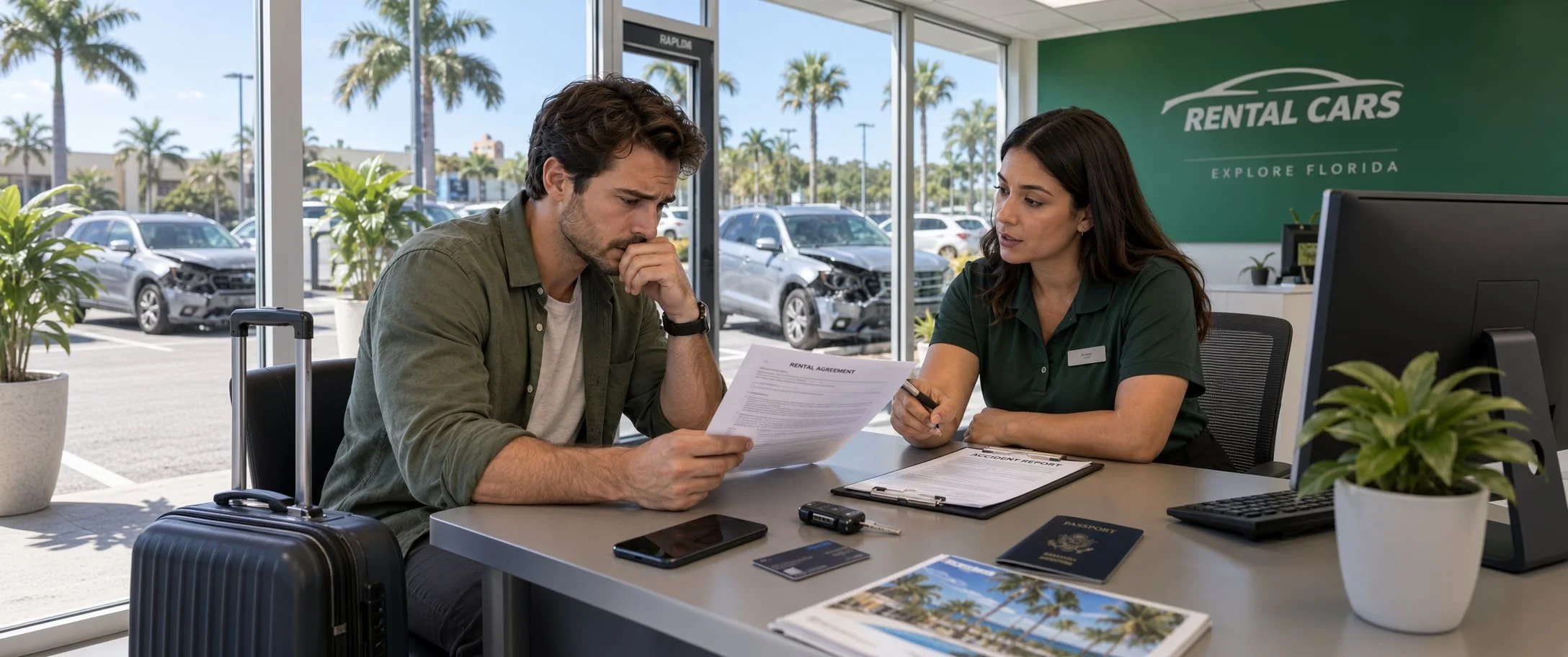Tourist reviewing rental car agreement after a Florida accident