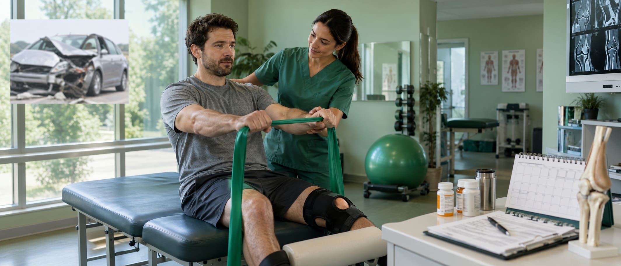 Car accident patient completing physical therapy while future treatment records are reviewed
