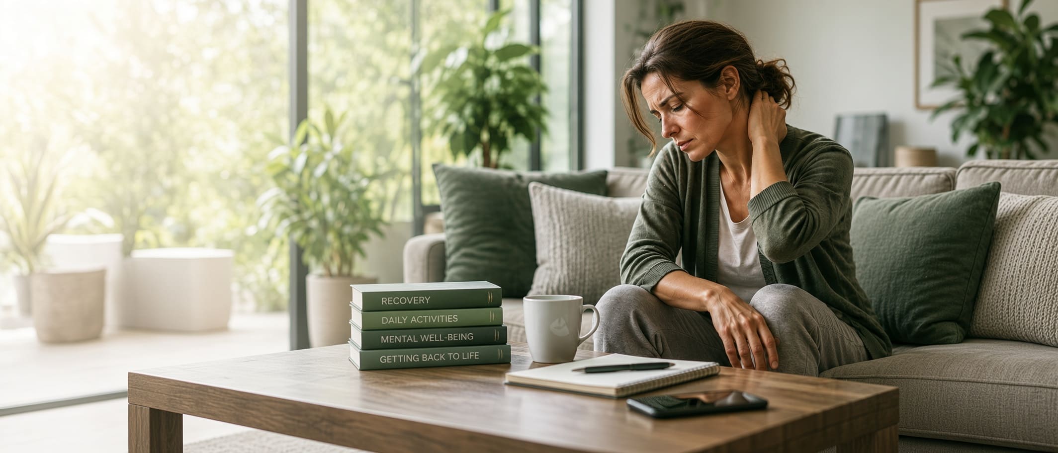 Injured person at home dealing with continuing neck symptoms after a Florida car accident