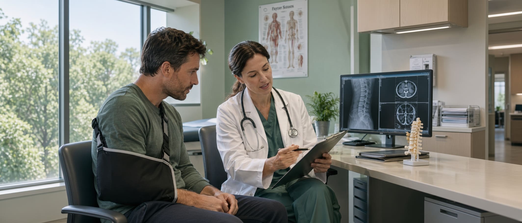 Doctor reviewing imaging and a future treatment plan with an injured car accident patient