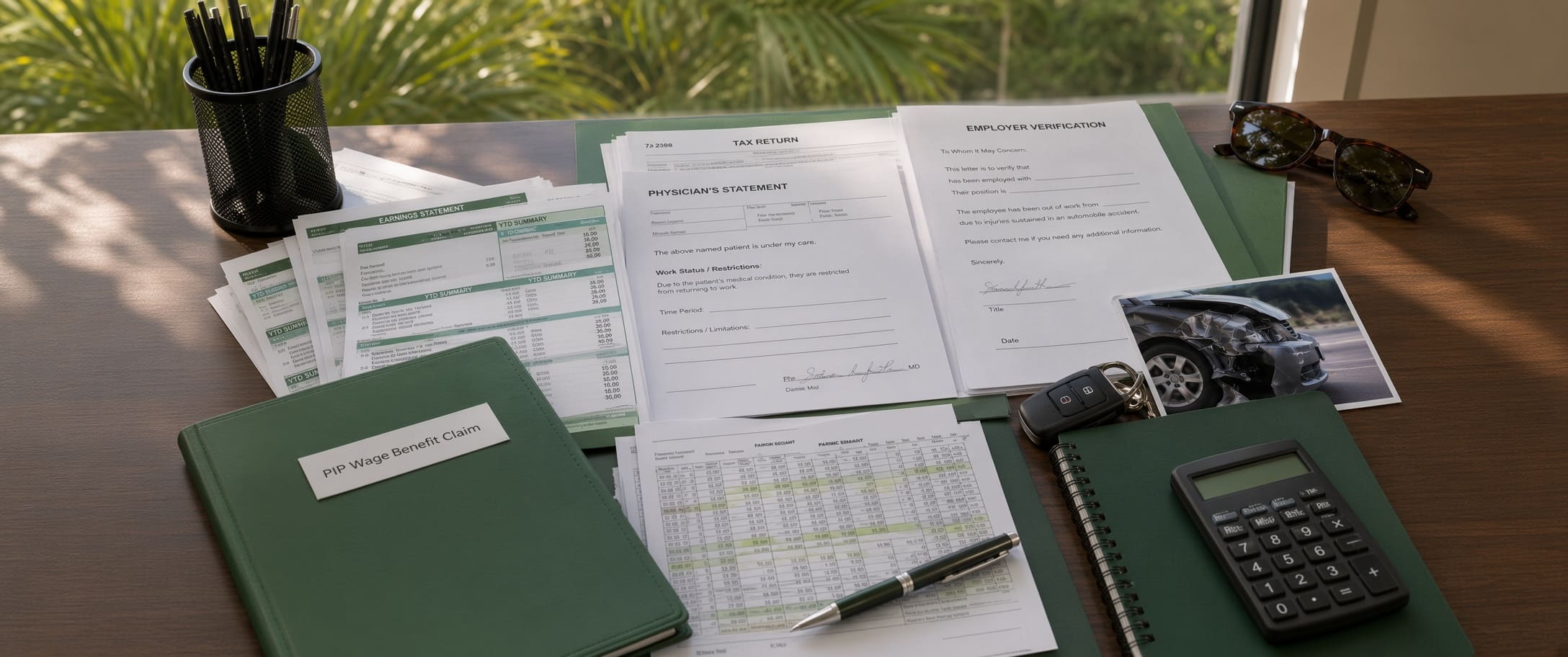Employee pay stubs, work schedule, and medical restriction documents organized for a Florida car accident wage claim