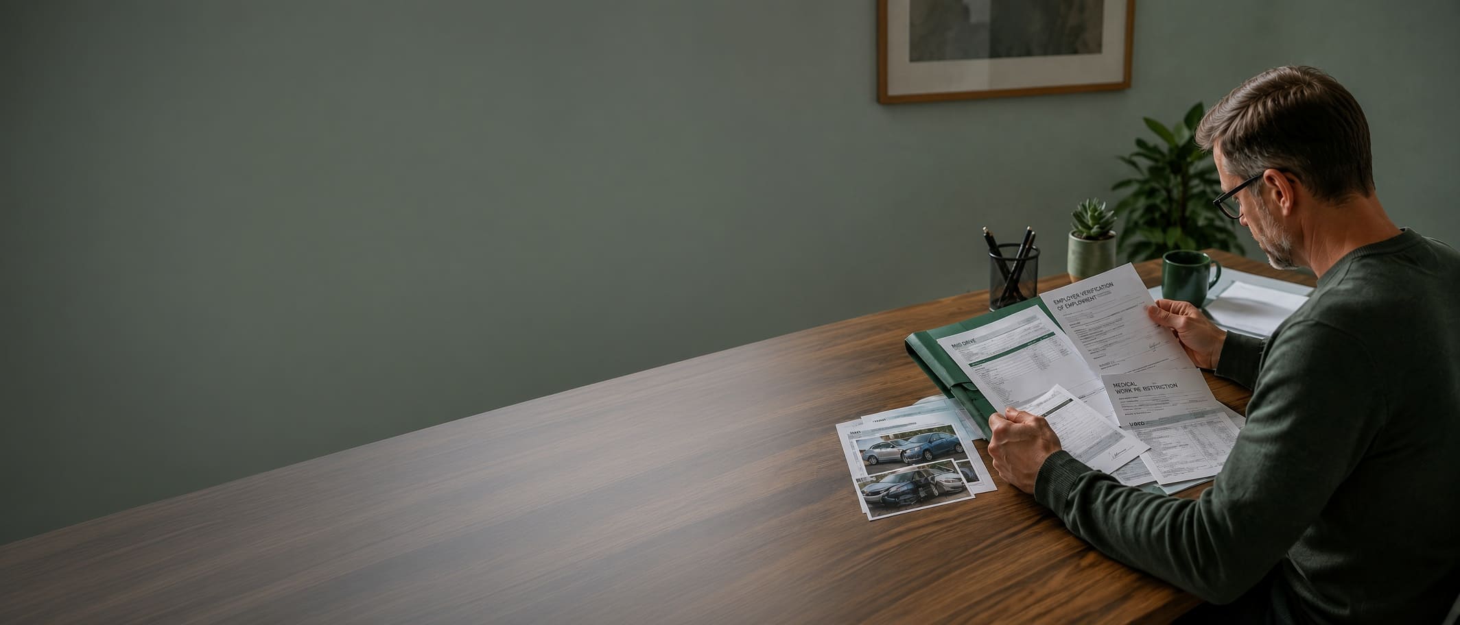 Florida worker reviewing pay records and injury documents after a car accident