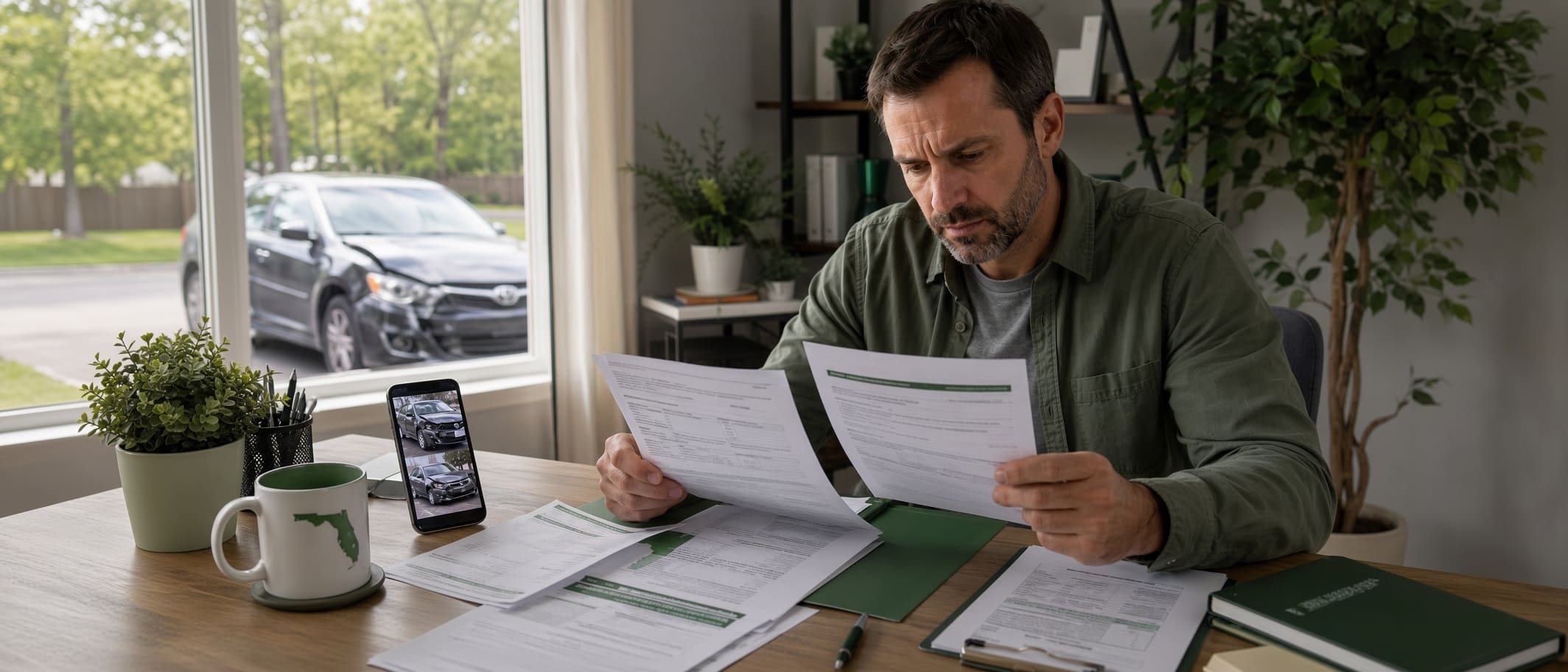 Self-employed Florida worker reviewing invoices, tax records, and business income documents after a car accident