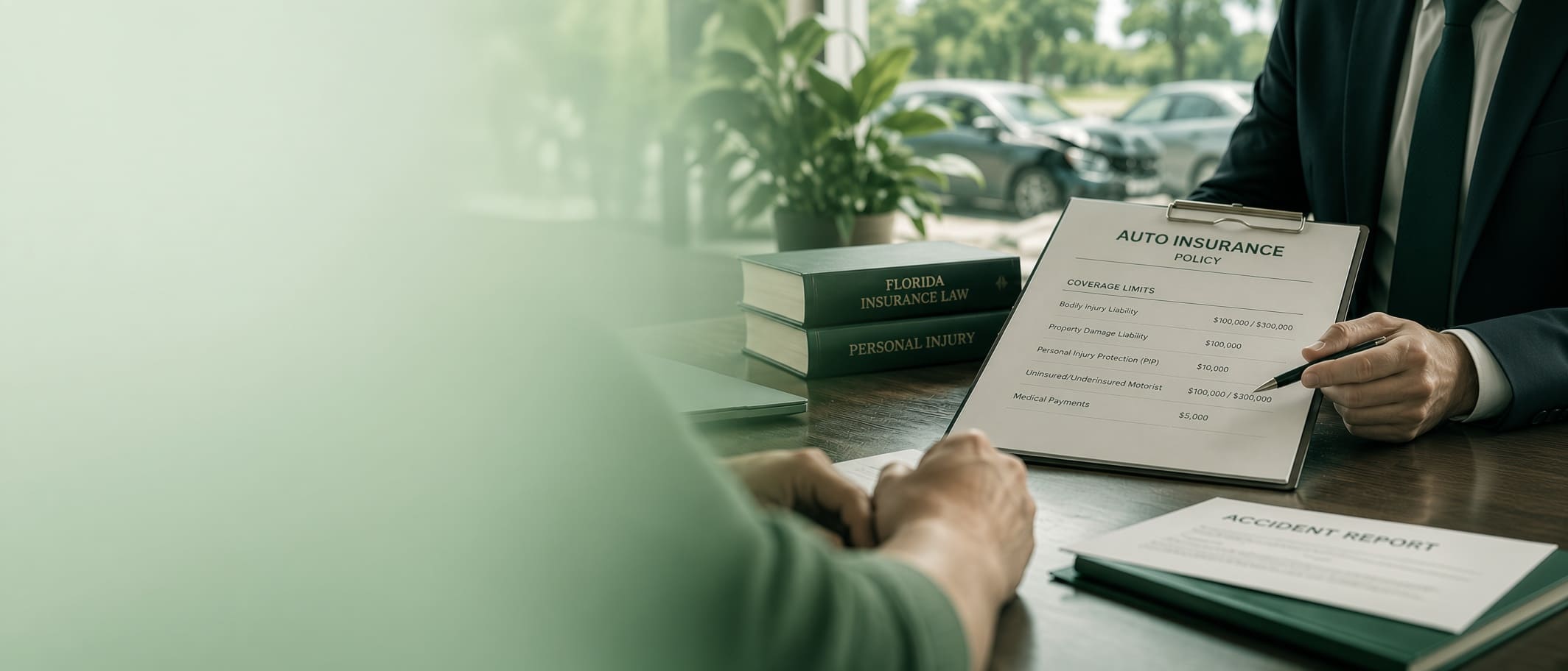 Florida car accident insurance documents reviewed beside a damaged vehicle