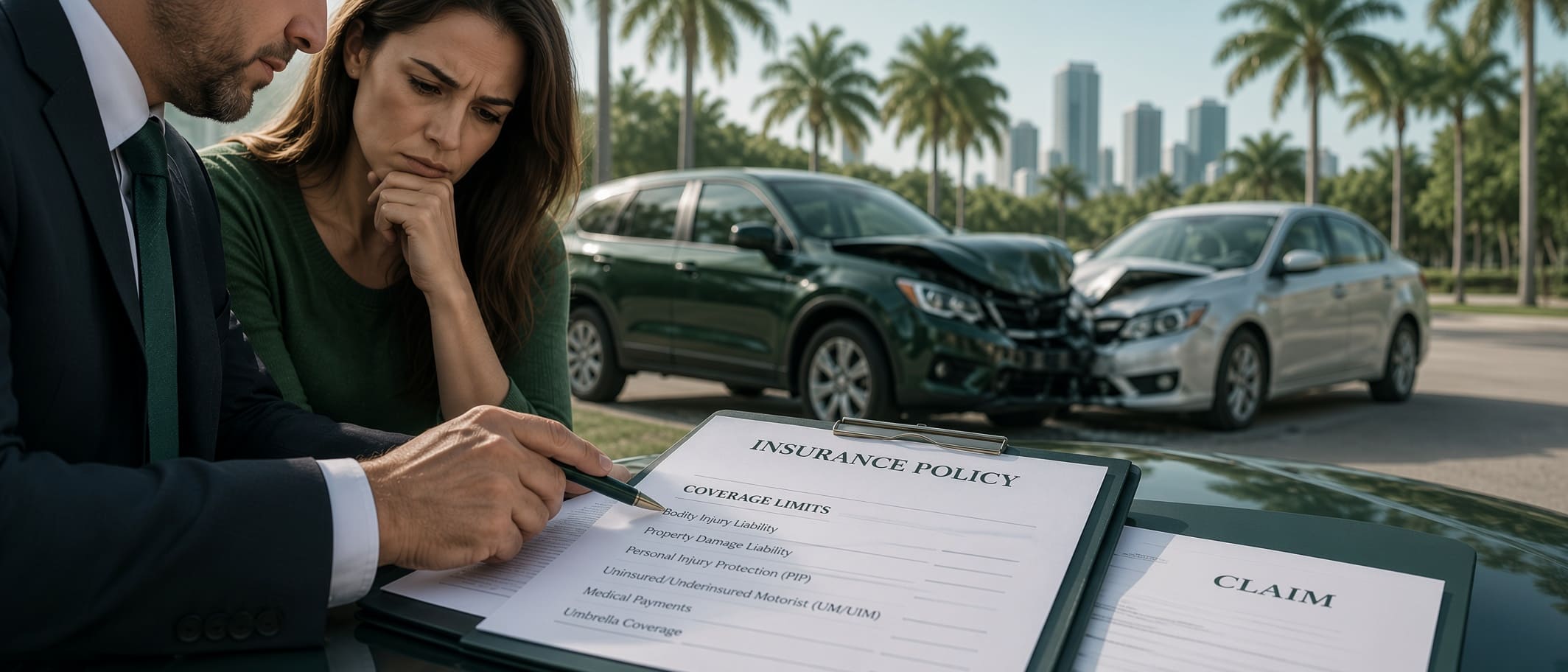 Attorney reviewing Florida car accident settlement documents and insurance policy limits