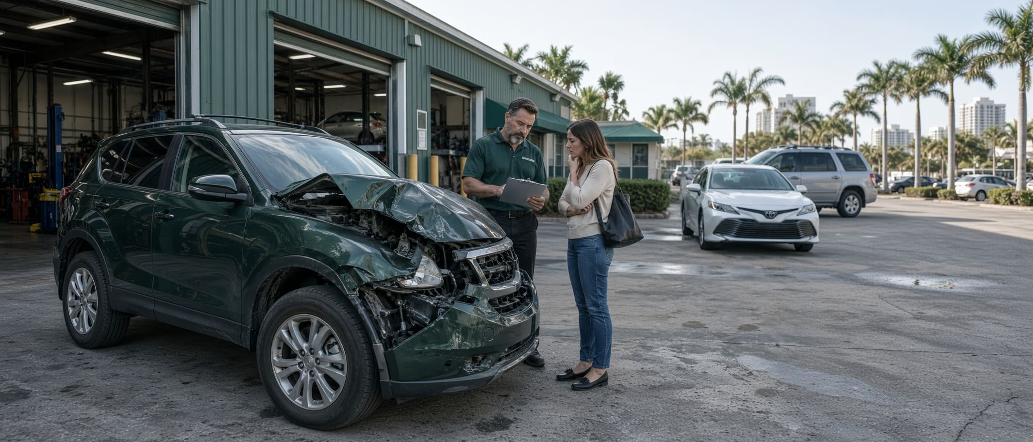 Driver and repair professional reviewing front-end vehicle damage at a Florida repair shop
