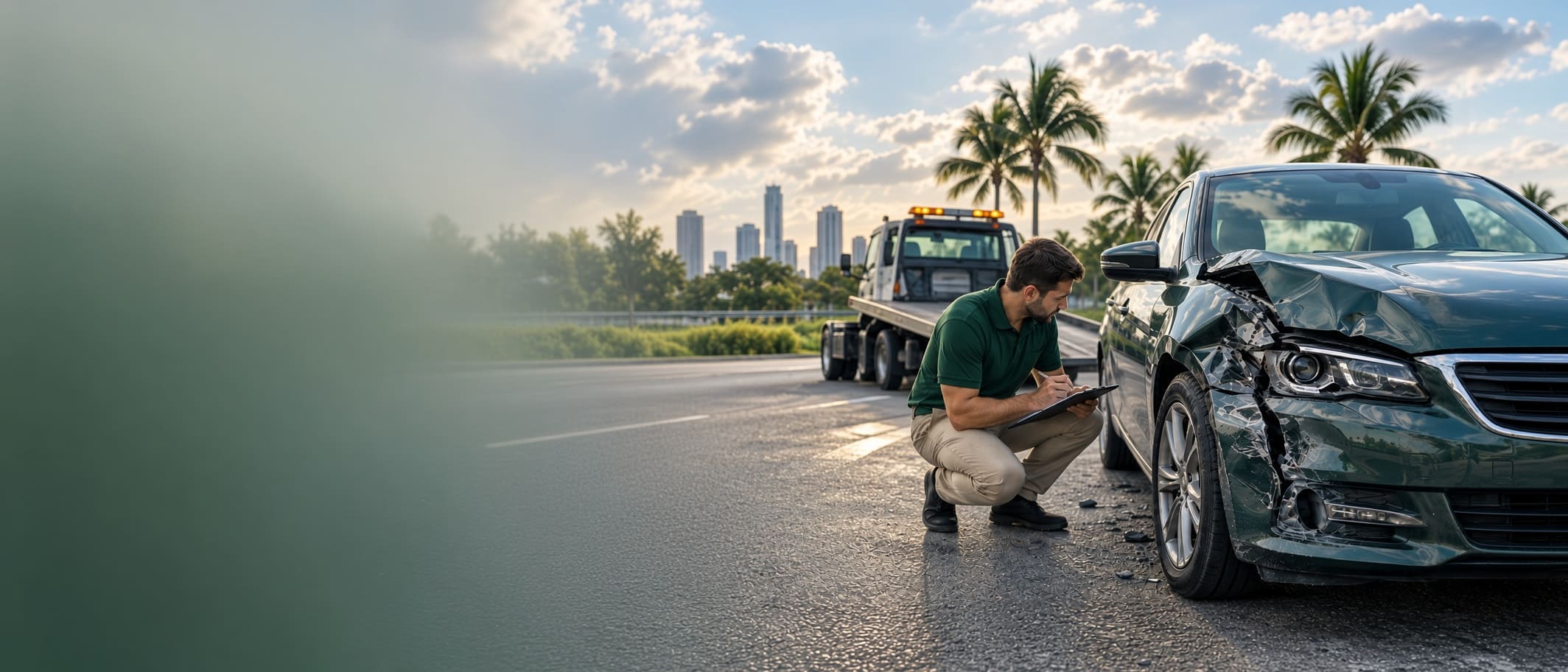 Vehicle damage inspector examining a damaged car beside a tow truck after a Florida crash