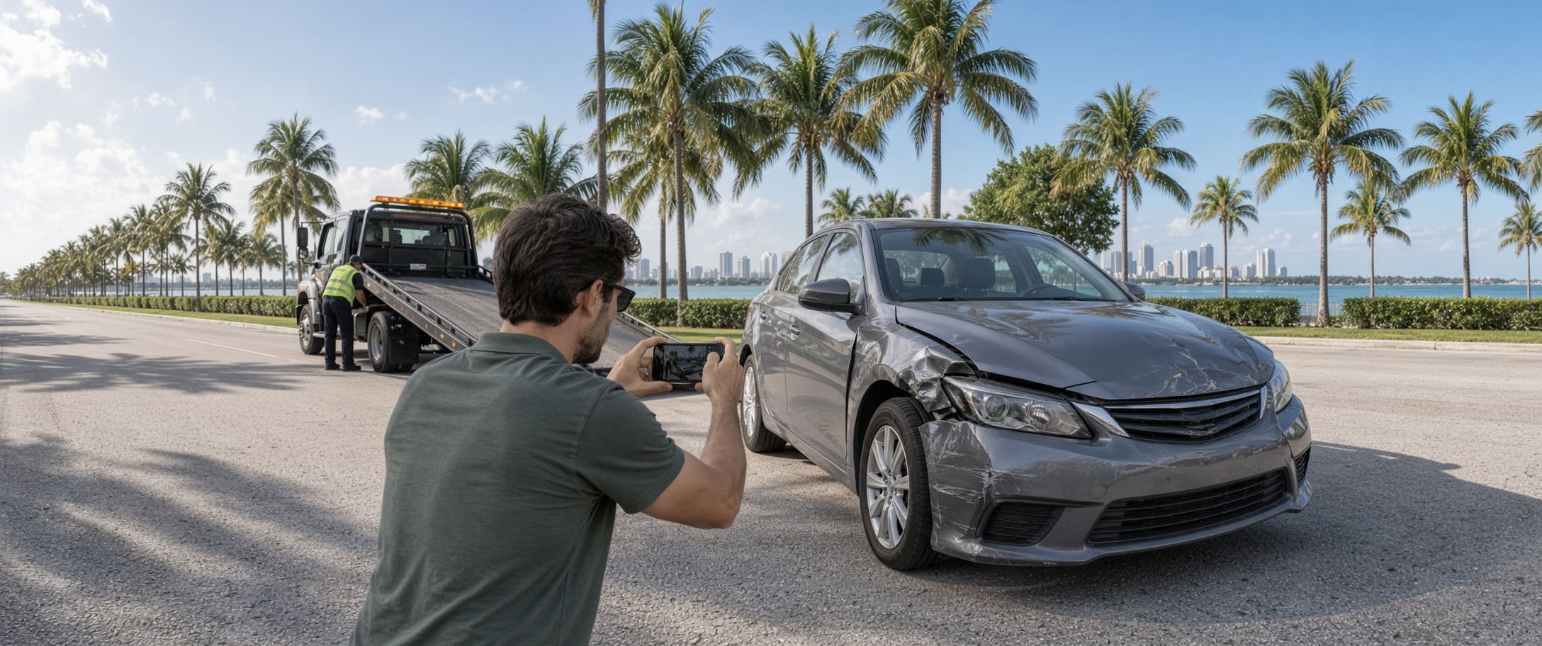 Driver photographing front-end vehicle damage before towing after a Florida crash