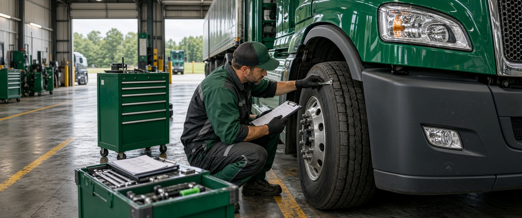 Technician inspecting a commercial truck tire during maintenance