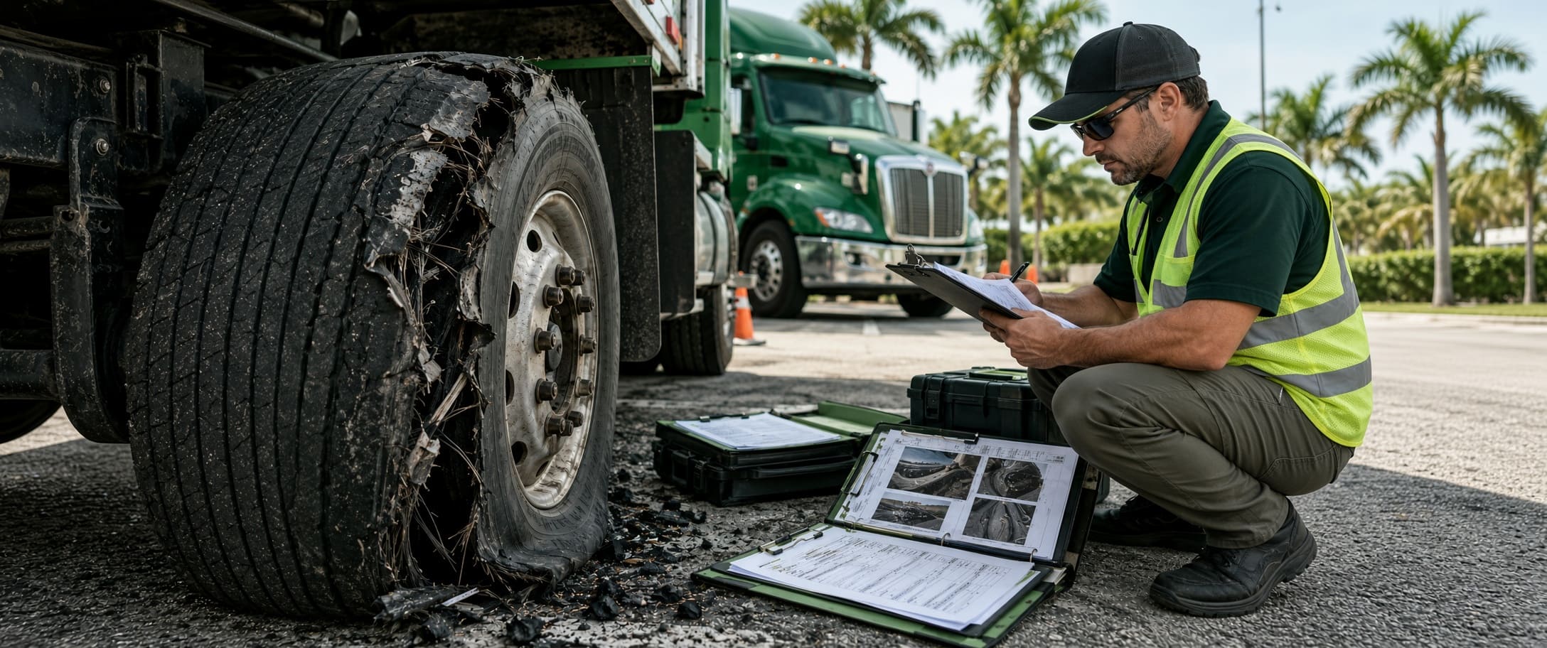 Commercial truck tire and accident evidence being examined