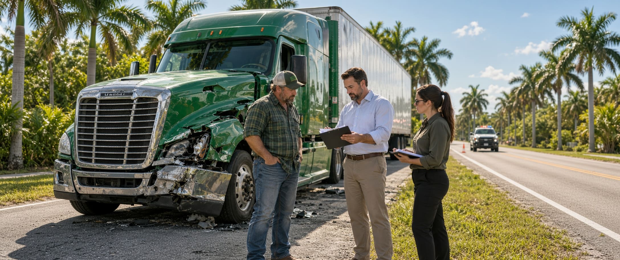 Man speaking with two people beside a parked green semi-truck on a palm-lined Florida road